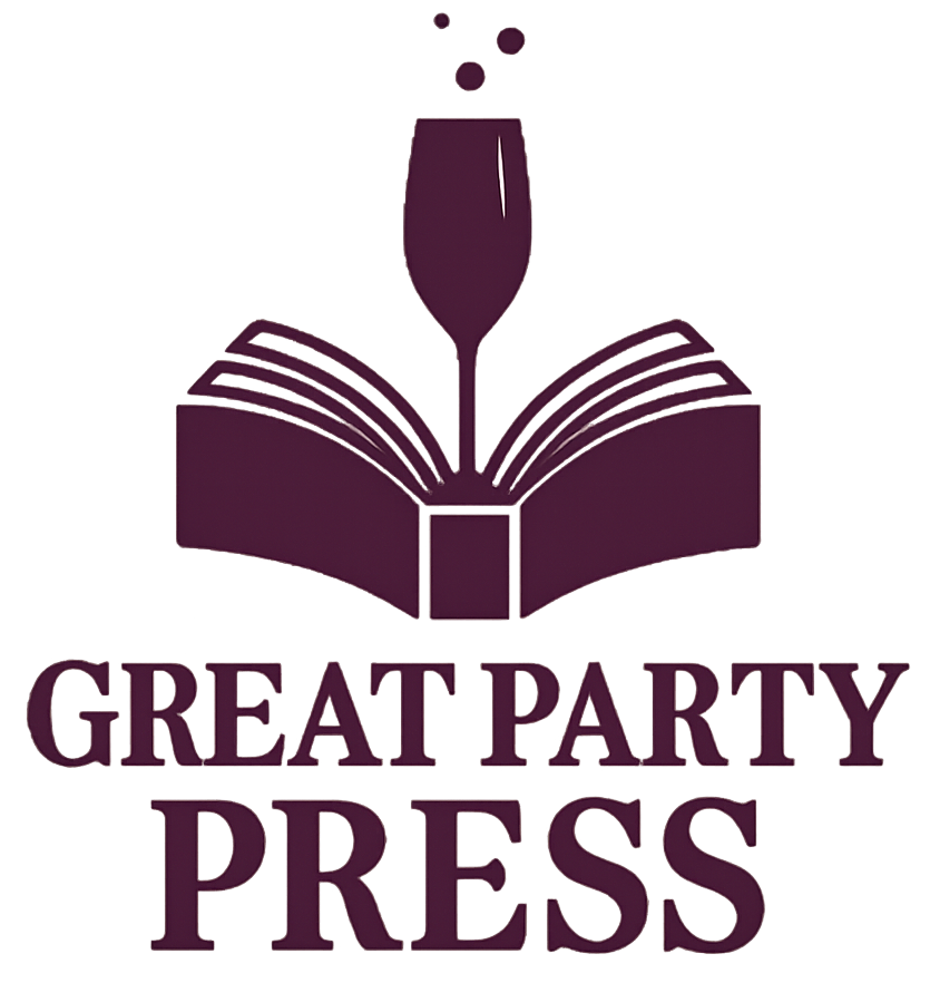 Great Party Press Logo with Champagne Glass emerging from a book